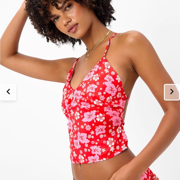 NWT Frankie’s Bikinis Macey Red Floral Satin Halter Strappy Back Tank Top - Picture 2 of 6